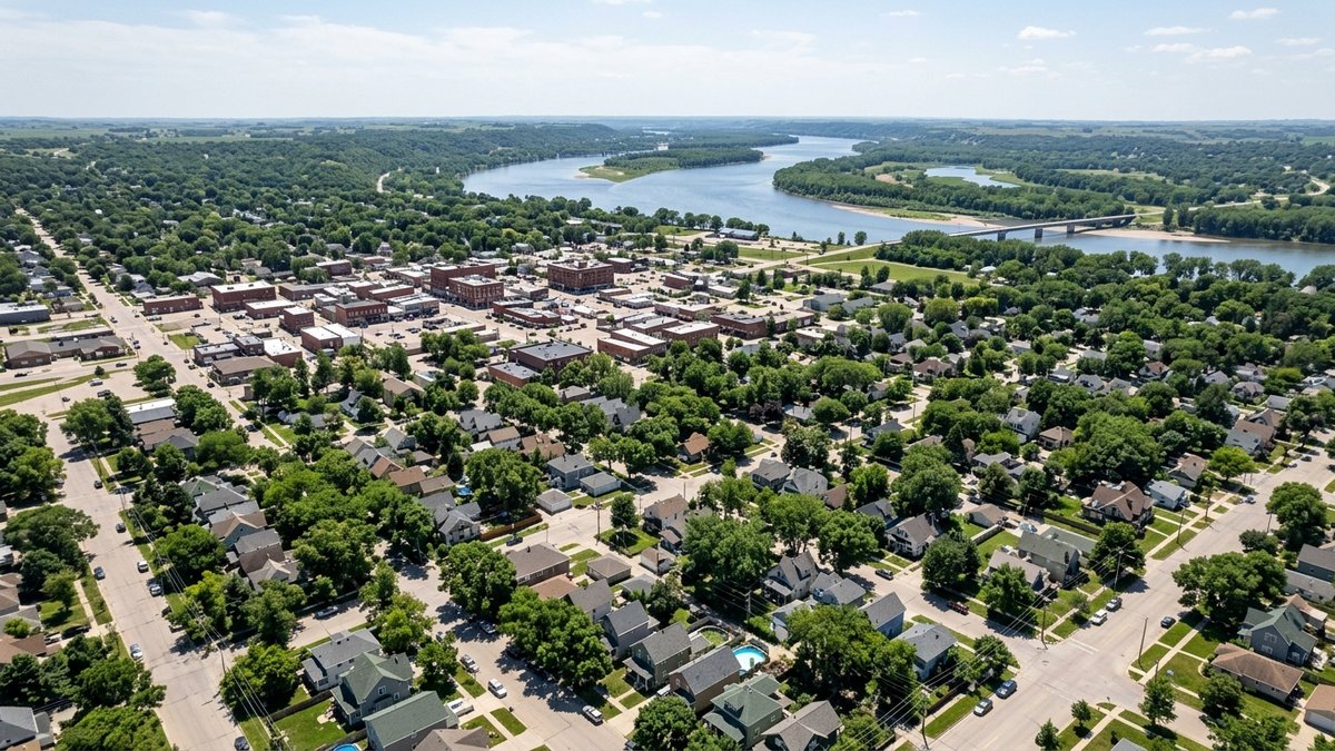 Natural daylight aerial of Yankton with residential streets, downtown edges, and the Missouri River context.