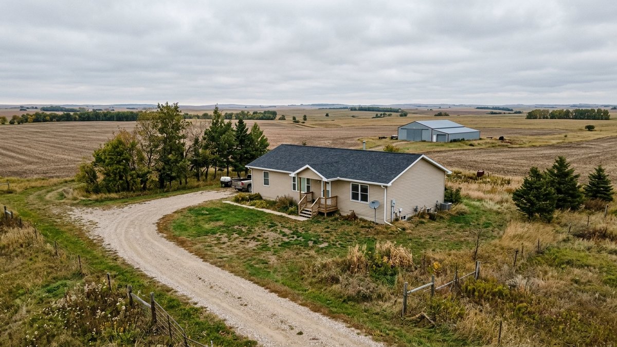 Plain rural acreage home exterior near Mission Hill.