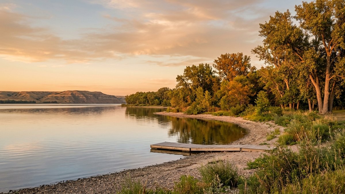 Polished Lewis and Clark Lake shoreline scene near Yankton with water, cottonwoods, and Missouri River bluffs.