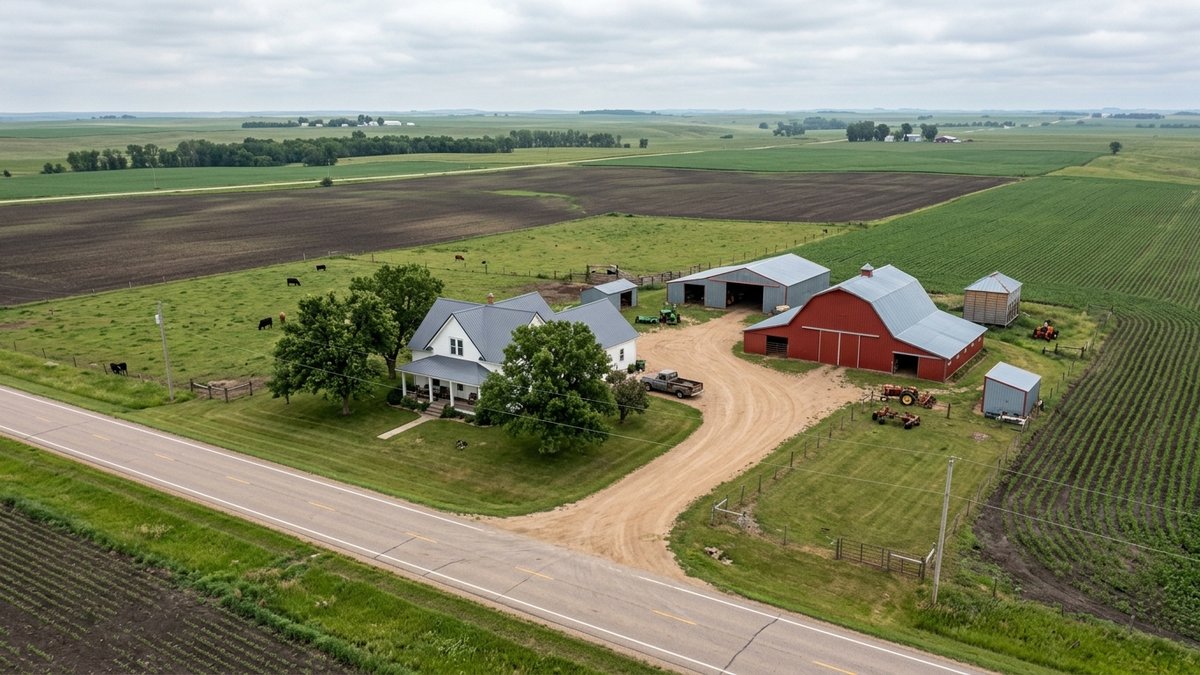 Plain aerial view of rural acreage outside Yankton with farmhouse, outbuildings, and fields.