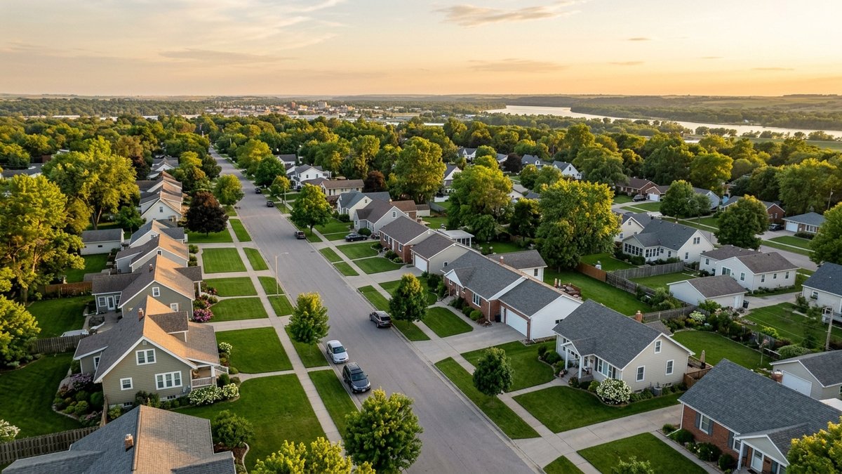 Aerial view of a tree-lined residential neighborhood with detached homes, paved streets, and a river beyond.