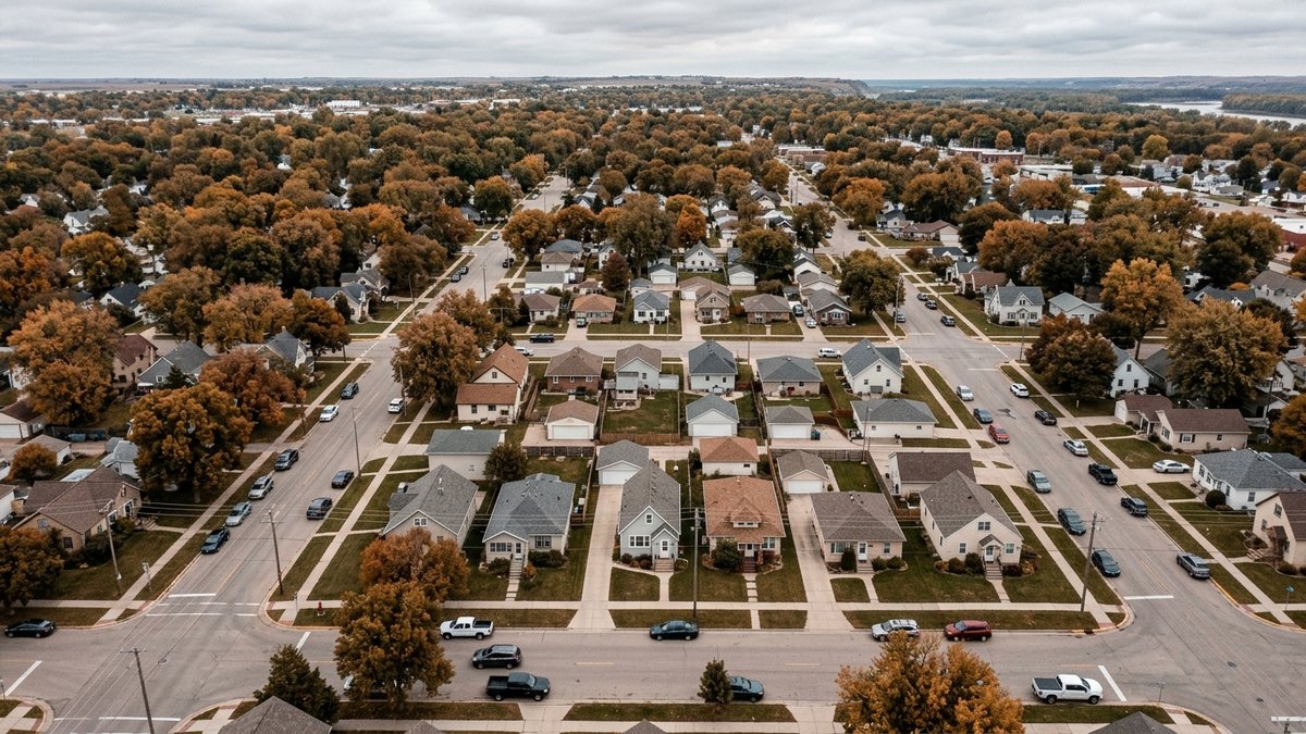 Aerial view of residential rooftops in a South Dakota neighborhood.