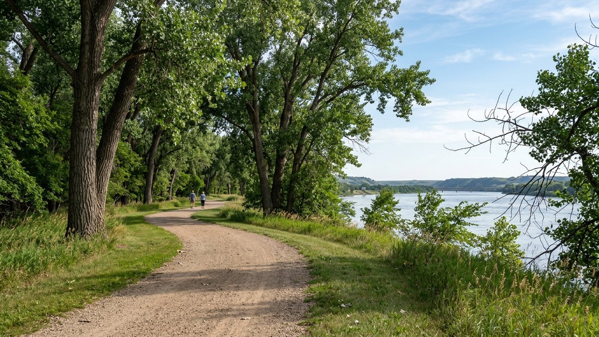 Tree-lined Missouri River trail near Yankton, South Dakota.